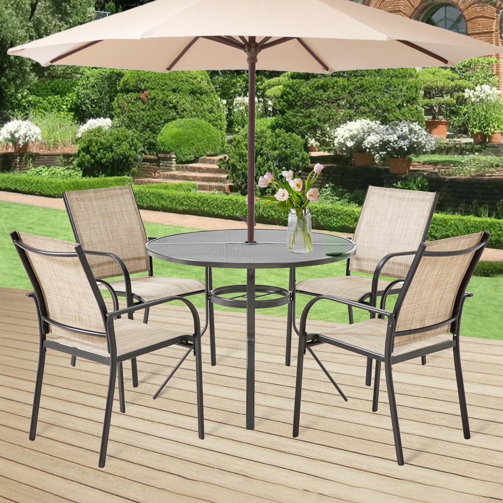 AECOJOY 5 Piece Patio Table and Chair Set for 4, Outdoor Dining Set with 1.73" Umbrella Hole