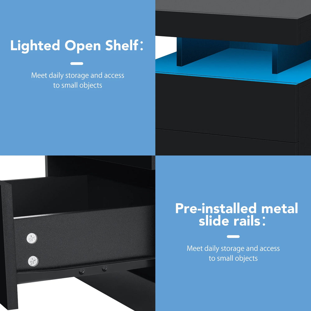 Hommpa LED Nightstand Wireless Charging Station USB Type C Outlets Bedside Table 3 Drawers Black Night Table Modern Smart Nightstand High Gloss End Side Table for Bedroom Furniture 26.8" Tall
