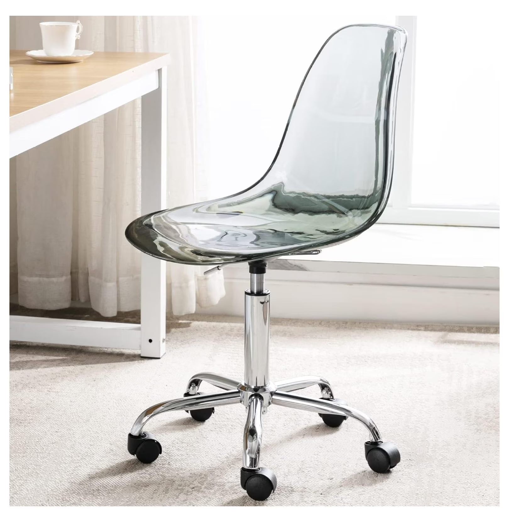 Echoworld Clear Rolling Chair, Armless Desk Chair with Golden Feet Swivel Molded Plastic Shell Adjustable Home Office Chair with Wheels, Clear