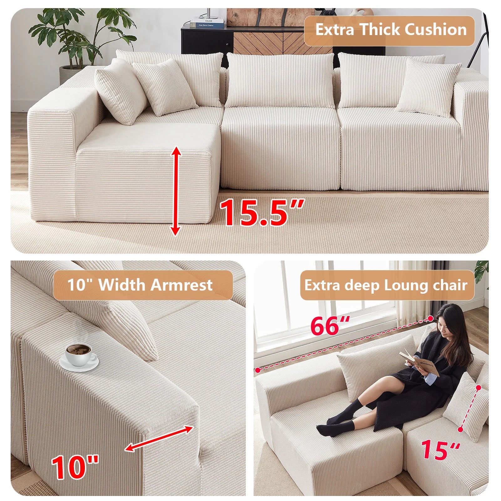 104 - Inch Corduroy Modular L Shaped Sectional Sofa, Luxury Floor Couch Set, Upholstered Indoor Furniture, Foam - Filled Compressed Sofa for Living Room, Bedroom, 4 PC Free Combination ?