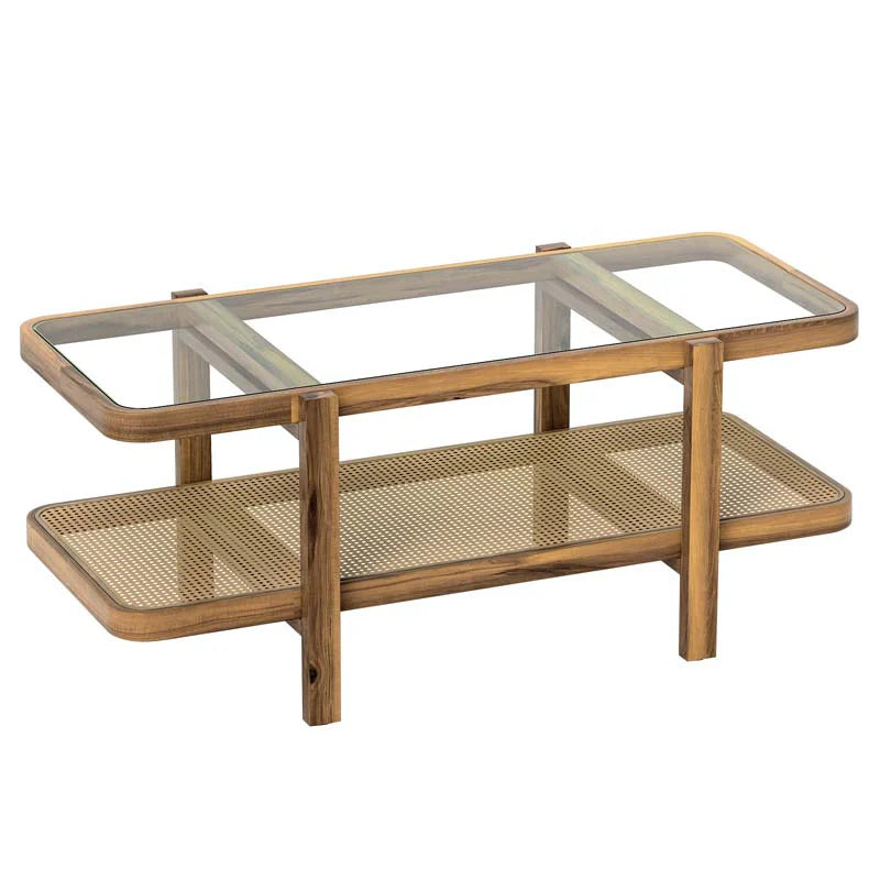 2-Tier Rattan Coffee Table, 47.5" Solid Wood Rectangle Tea Table with Tempered Glass Top & Storage Shelf, Farmhouse Boho Center Table for Living Room