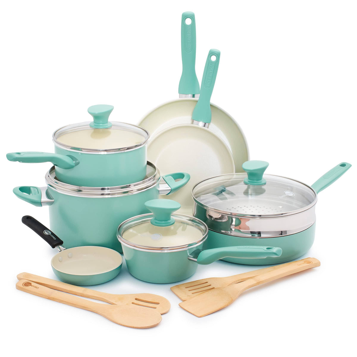 GreenPan Rio Ceramic Nonstick 16-Piece Cookware Set ,Turquoise