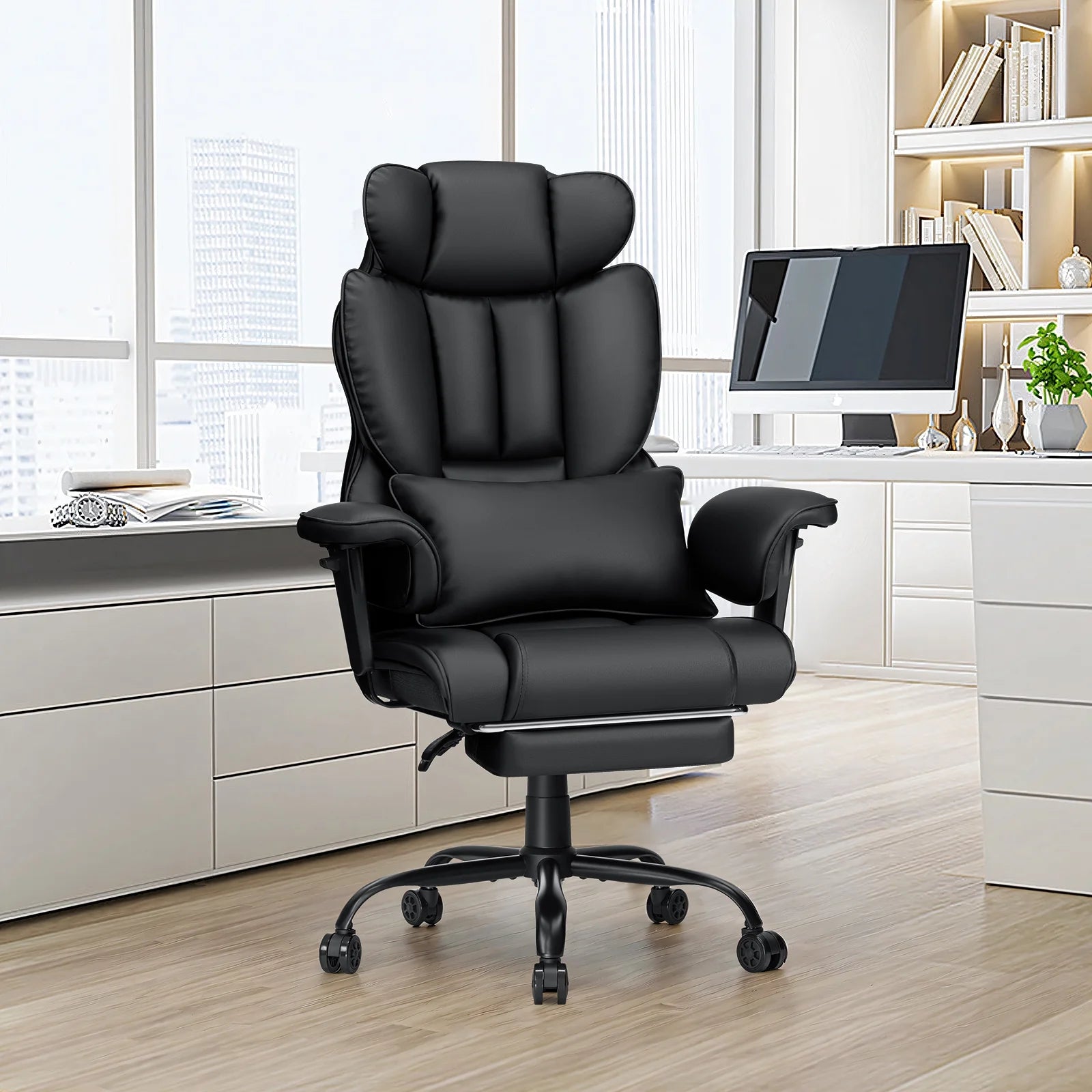 Hoffree Big and Tall Fabric Office Chair 450 lb, Executive Desk Chair with Massage Ergonomic Computer Chair with Footrest Reclining Desk Office Chair with Lumbar Support for Home Office