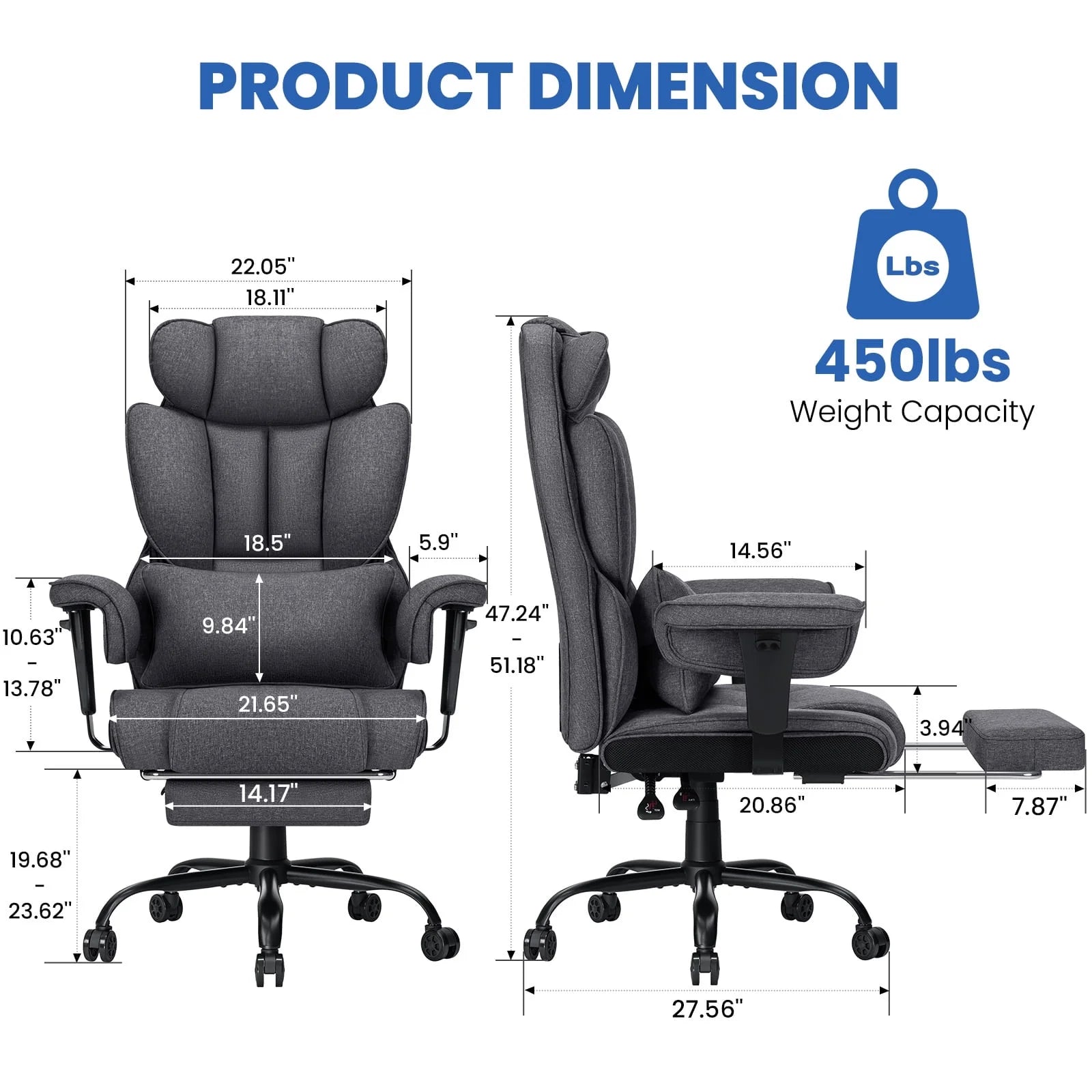 Hoffree Big and Tall Fabric Office Chair 450 lb, Executive Desk Chair with Massage Ergonomic Computer Chair with Footrest Reclining Desk Office Chair with Lumbar Support for Home Office