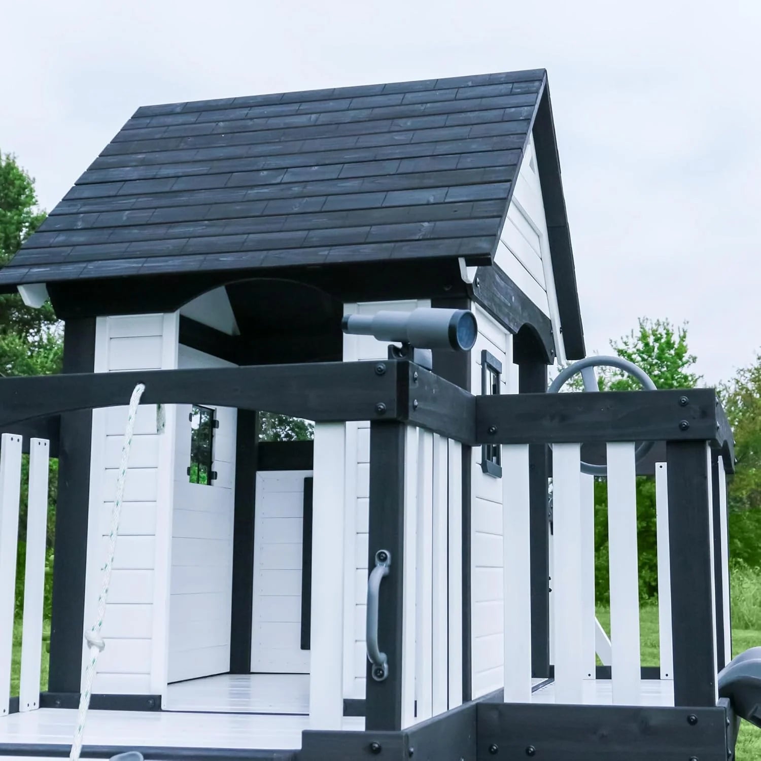Backyard Discovery Canyon Creek Cedar Wood Swing Set with Wave Slide. Clubhouse. Play Kitchen. Picnic Area. Belt Swings. Web Swing. Rock Wall. Balconies. Playhouse. Step Ladder. Outdoor Playset