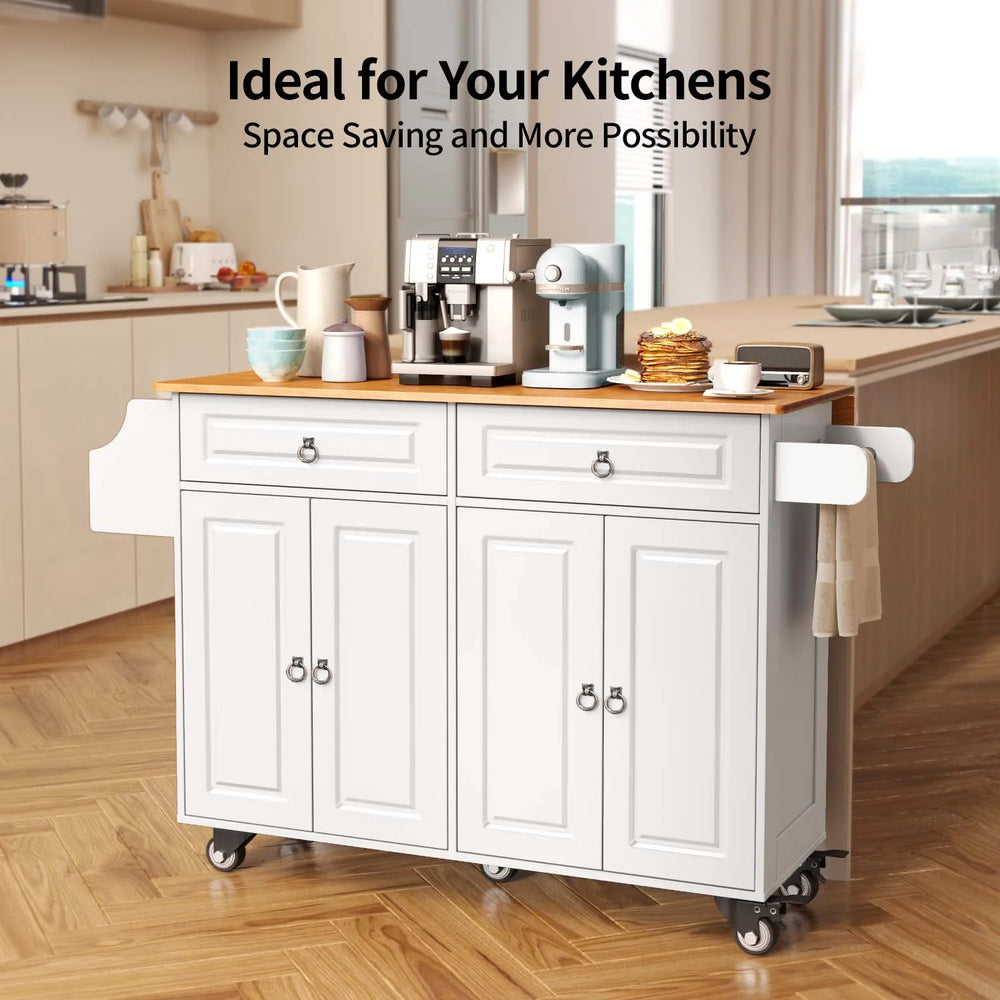 Lofka 52 - Inch Kitchen Island with Storage on Wheels with Wood Drop Leaf, Ideal for Small Kitchens