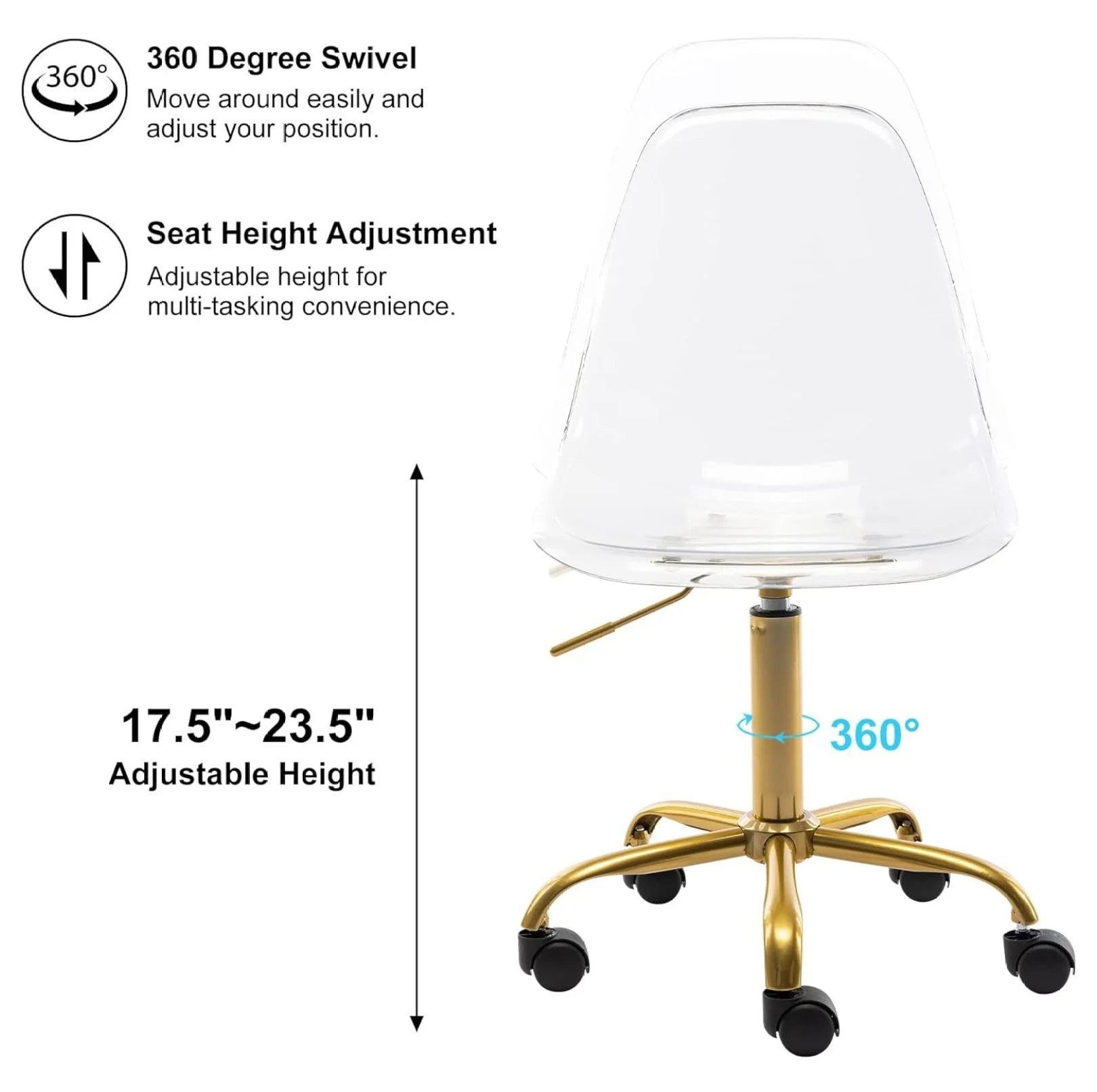 Echoworld Clear Rolling Chair, Armless Desk Chair with Golden Feet Swivel Molded Plastic Shell Adjustable Home Office Chair with Wheels, Clear