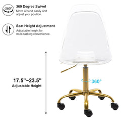 Echoworld Clear Rolling Chair, Armless Desk Chair with Golden Feet Swivel Molded Plastic Shell Adjustable Home Office Chair with Wheels, Clear