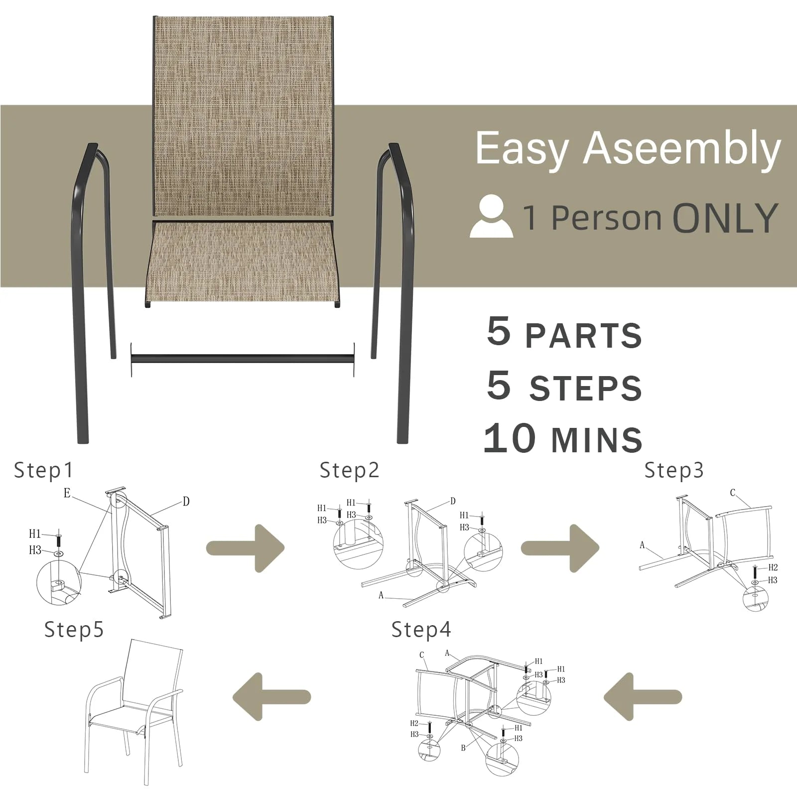AECOJOY 5 Piece Patio Table and Chair Set for 4, Outdoor Dining Set with 1.73" Umbrella Hole