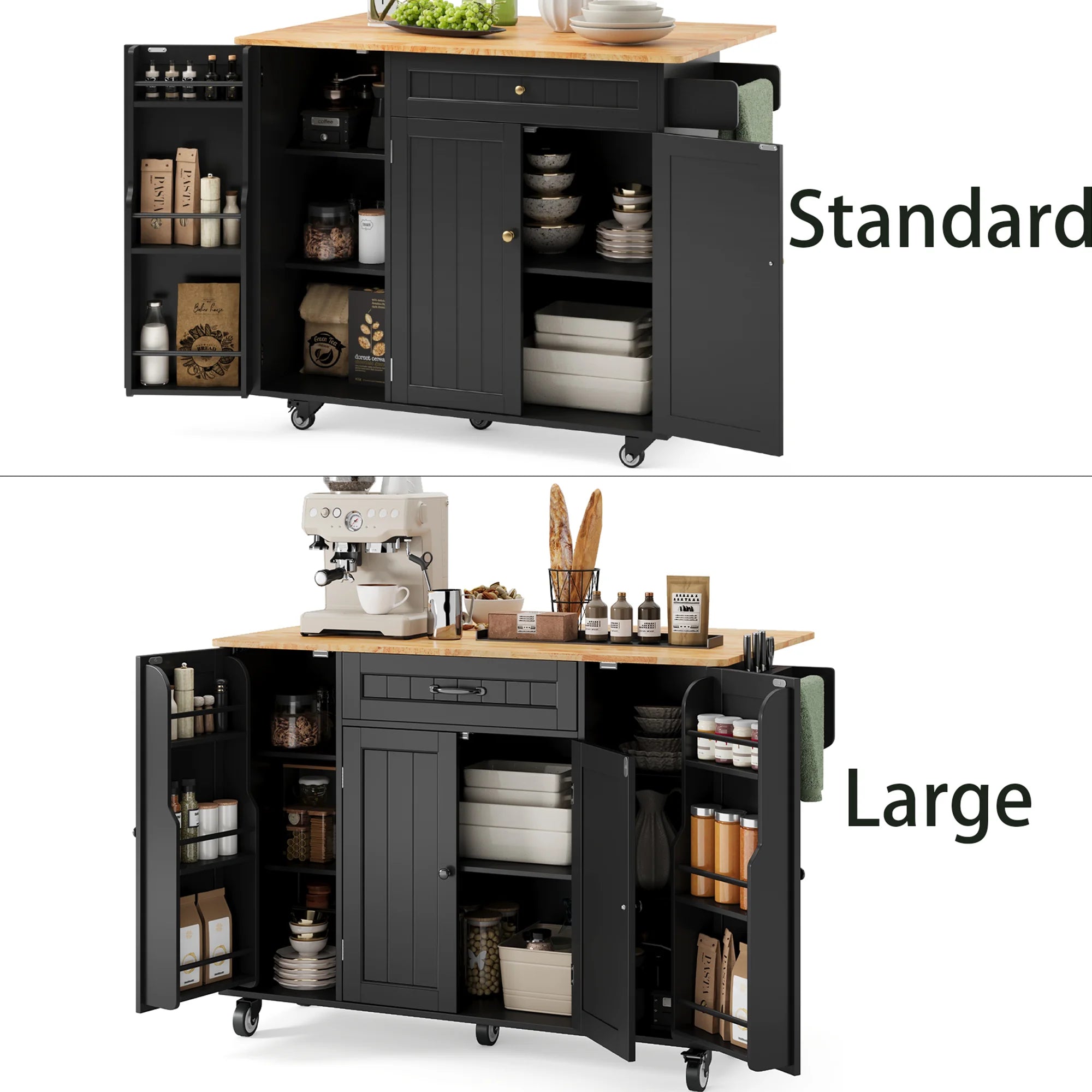 Noelse Kitchen Island with Storage, Island Table for Kitchen with Drop Leaf, Spice Rack, Towel Bar for Small Kitchens, White