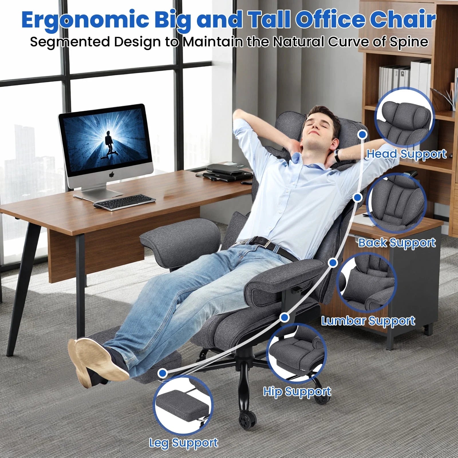 Hoffree Big and Tall Fabric Office Chair 450 lb, Executive Desk Chair with Massage Ergonomic Computer Chair with Footrest Reclining Desk Office Chair with Lumbar Support for Home Office