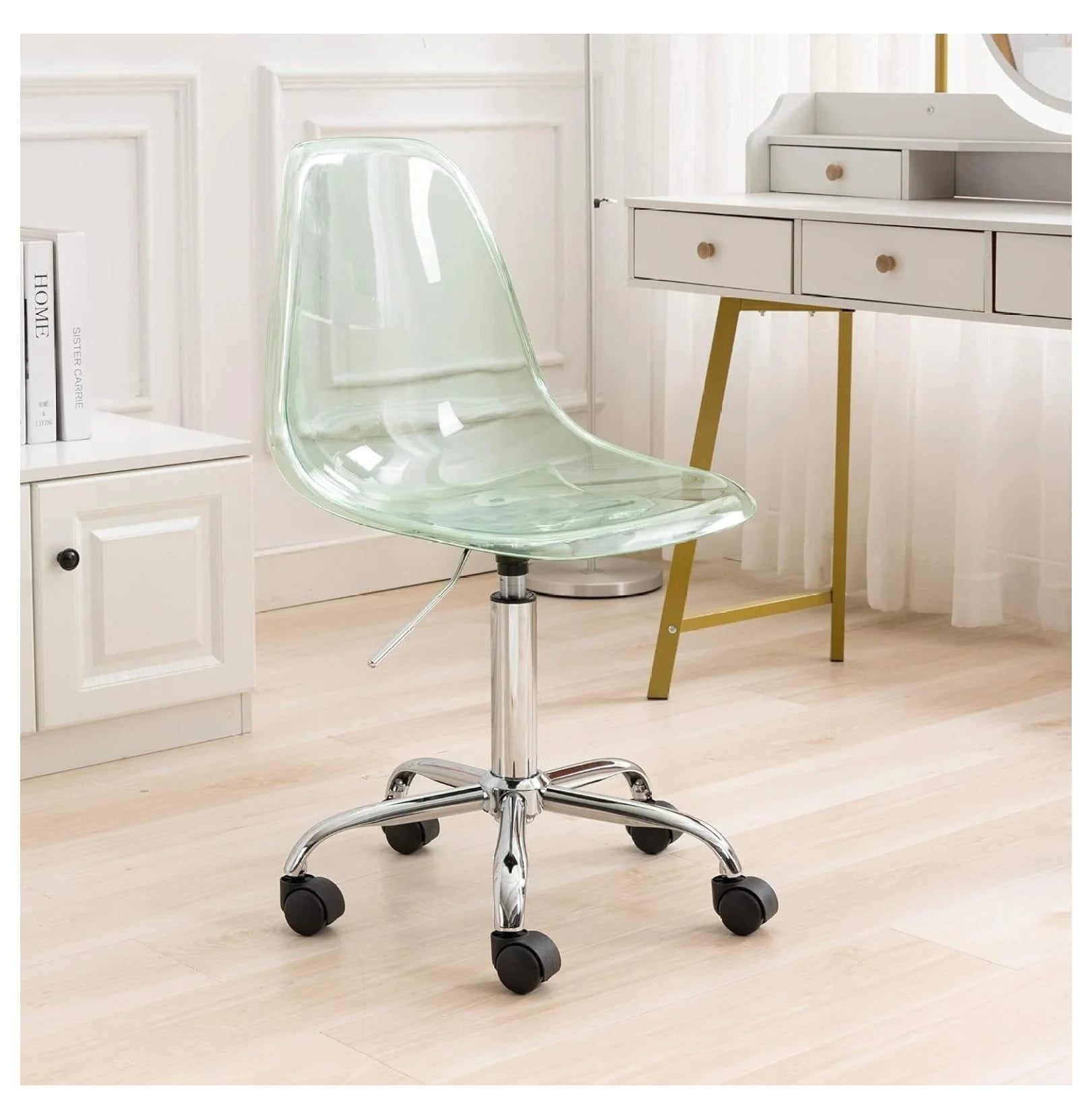 Echoworld Clear Rolling Chair, Armless Desk Chair with Golden Feet Swivel Molded Plastic Shell Adjustable Home Office Chair with Wheels, Clear