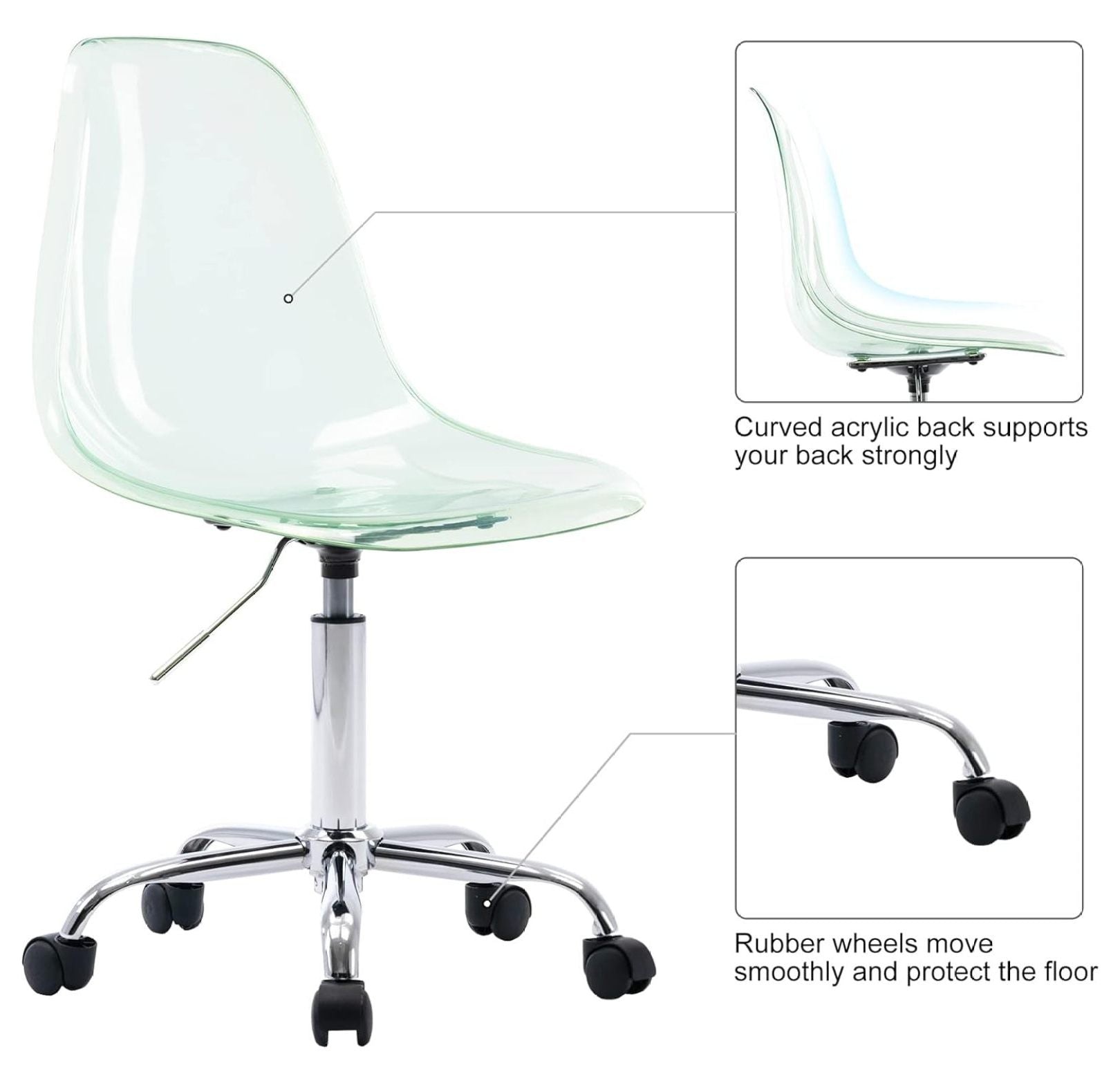 Echoworld Clear Rolling Chair, Armless Desk Chair with Golden Feet Swivel Molded Plastic Shell Adjustable Home Office Chair with Wheels, Clear