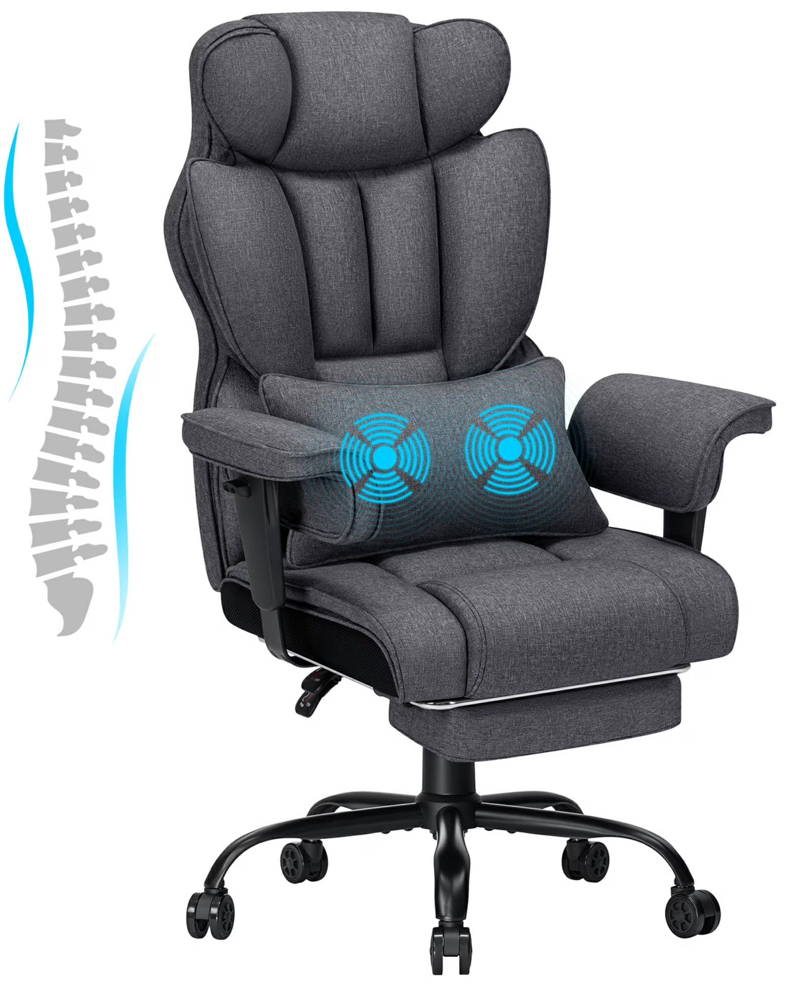 Hoffree Big and Tall Fabric Office Chair 450 lb, Executive Desk Chair with Massage Ergonomic Computer Chair with Footrest Reclining Desk Office Chair with Lumbar Support for Home Office