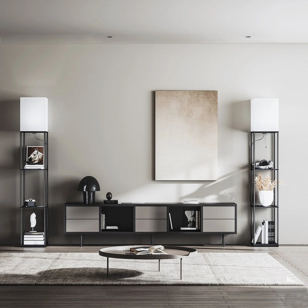Modern Iron Shelf Floor Lamp with 3 - Way Dimmable LED Bulb, Shelves and White Shade for Living Room and Bedroom(Black)