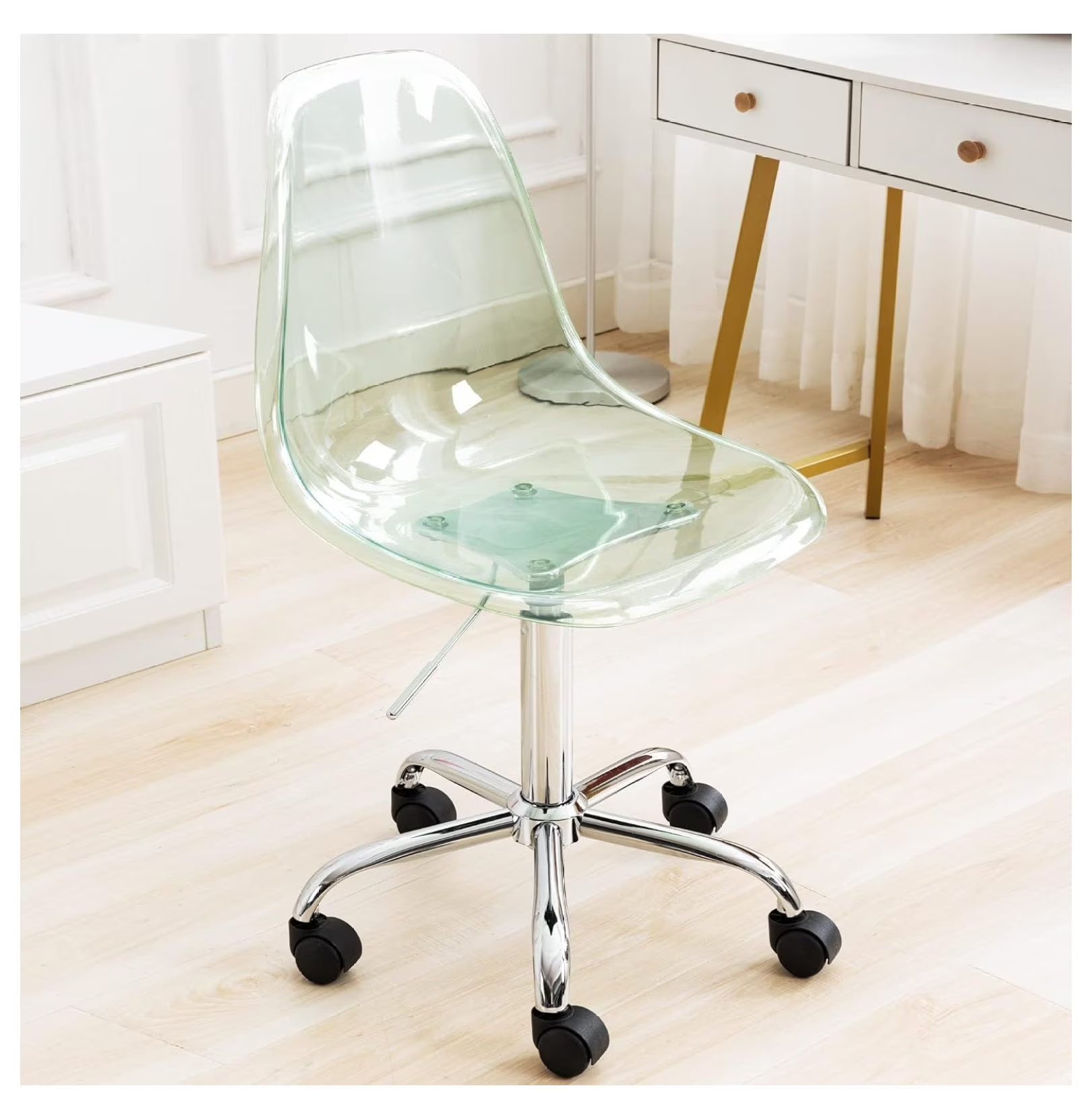 Echoworld Clear Rolling Chair, Armless Desk Chair with Golden Feet Swivel Molded Plastic Shell Adjustable Home Office Chair with Wheels, Clear