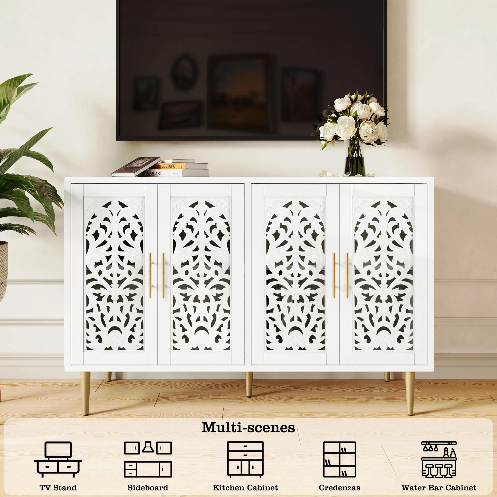 HLR 48" Accent Cabinet with 4 Doors, Vintage Hollow Carving Storage Credenza, Sideboards and Buffets Cabinet for Living Room, Kitchen, Dining Room, Entryway - 31.5"-2door-Black
