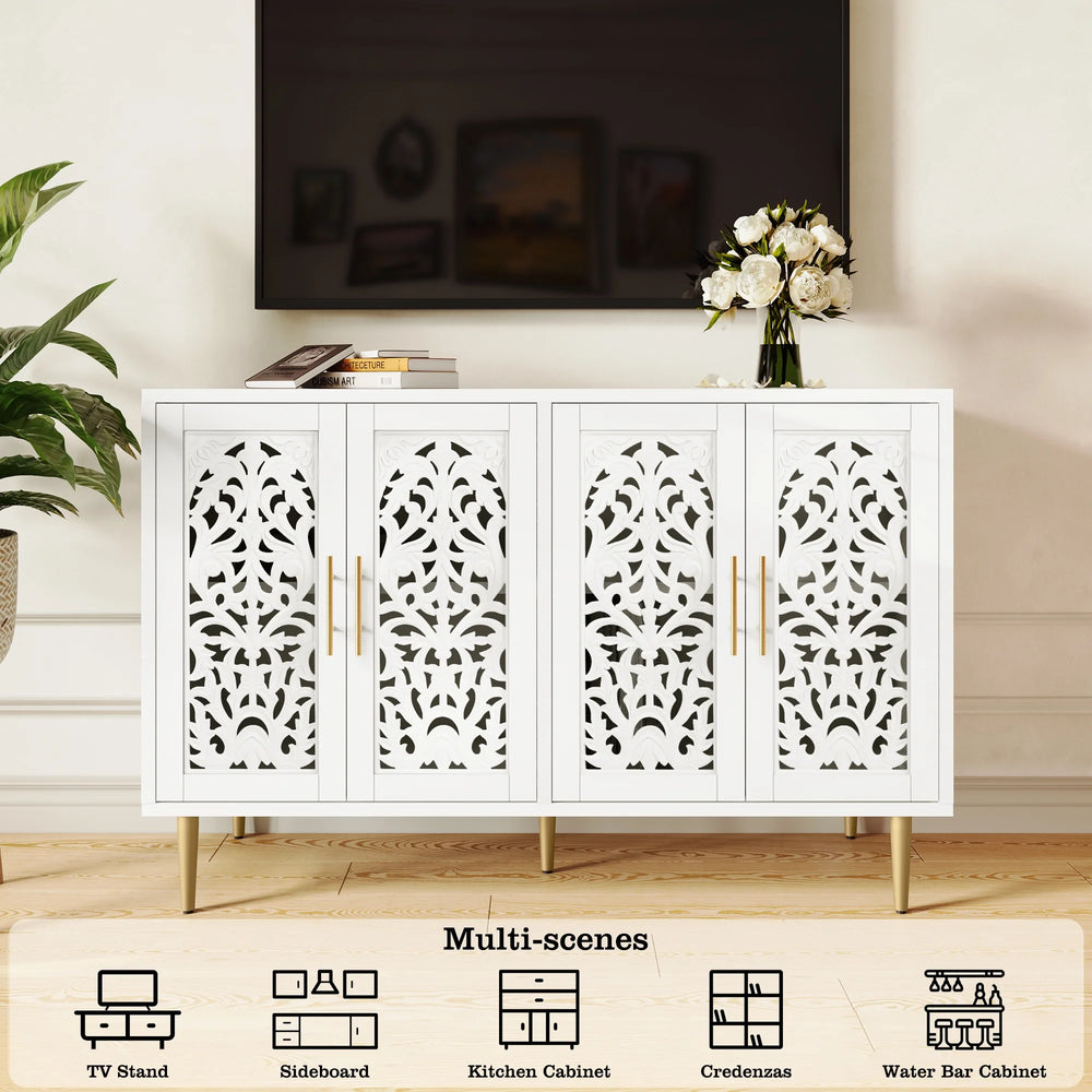 HLR 48" Accent Cabinet with 4 Doors, Vintage Hollow Carving Storage Credenza, Sideboards and Buffets Cabinet for Living Room, Kitchen, Dining Room, Entryway - 31.5"-2door-Black