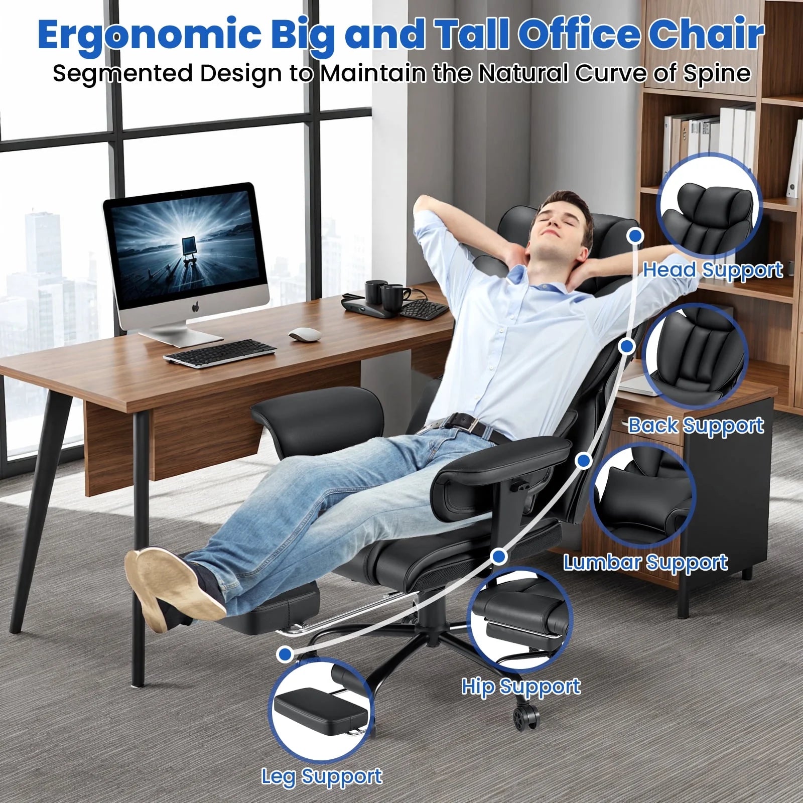 Hoffree Big and Tall Fabric Office Chair 450 lb, Executive Desk Chair with Massage Ergonomic Computer Chair with Footrest Reclining Desk Office Chair with Lumbar Support for Home Office