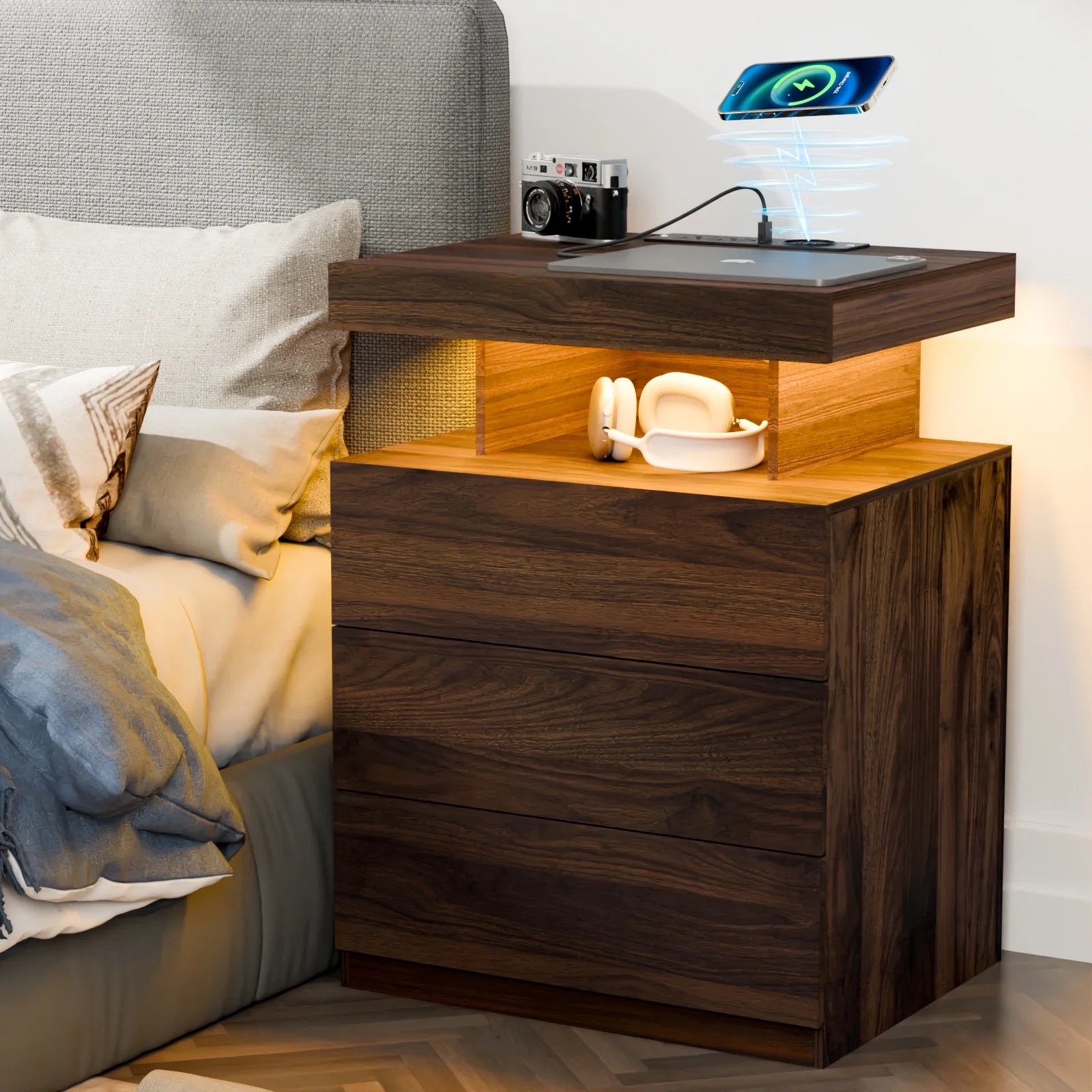 Hommpa LED Nightstand Wireless Charging Station USB Type C Outlets Bedside Table 3 Drawers Black Night Table Modern Smart Nightstand High Gloss End Side Table for Bedroom Furniture 26.8" Tall