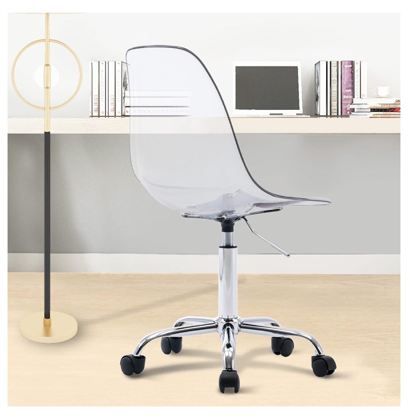 Echoworld Clear Rolling Chair, Armless Desk Chair with Golden Feet Swivel Molded Plastic Shell Adjustable Home Office Chair with Wheels, Clear